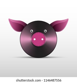 Retro vinyl disk stylized pig head with pink nose - symbol hhe Year of the Pig 2019. Vector illustration.