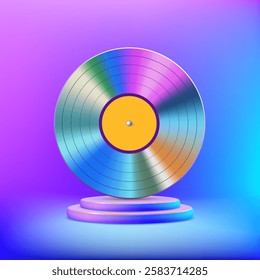 Retro vinyl music disc in disco style. On a neon background. Vector illustration.