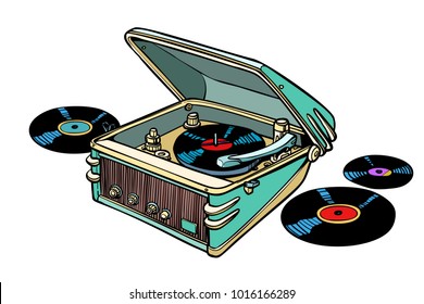 retro vinyl player isolated on white background. Comic book cartoon pop art illustration retro drawing