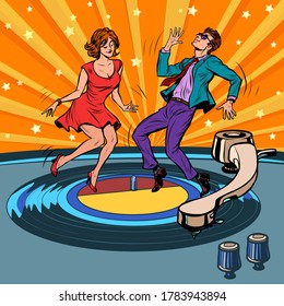 disco de vinilo retro Una pareja bailando. Fiesta musical. Dibujo vectorial retro de arte pop estilo kitsch vintage de los años 60