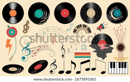Retro Vinyl Record and Music Notes Vector Collection with Piano, Guitar, and Sound Elements