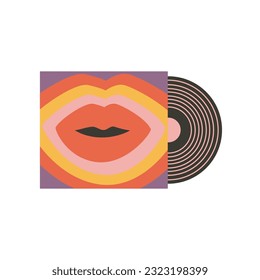 Retro Vinyl Record packed with lips. Vintage Nostalgic 70s-90s vibes for retro sticker, patches and badges. Isolated vector element