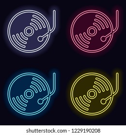 Retro vinyl, record player, cd player. Set of neon sign. Casino style on dark background. Seamless pattern