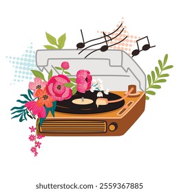 Retro Vinyl Record Player decorated with floral composition,musical notes,stars.Romantic designs set isolated on white background.Colorful sticker for card,banner,invitation.Flat color illustration.