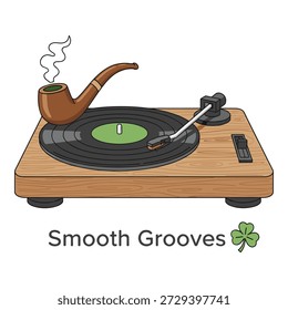 Retro vinyl record player illustration, wooden texture base, smoking pipe accessory, smooth grooves music concept