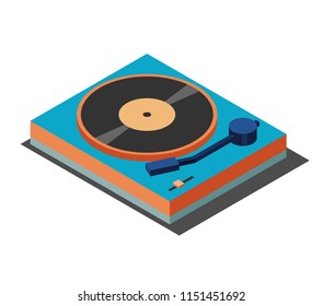 Retro vinyl record player in isometric style. Vector illustration of musical equipment.