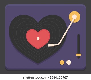 Retro vinyl record player with vinyl record in the shape of heart. Top view. Vector illustration