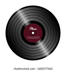 Retro vinyl record with red label. Vinyl isolated on white. Old technology. Realistic retro design. Musical festival, concert