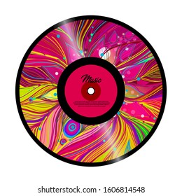 Retro vinyl record with red label. Vinyl isolated on white. Old technology. Realistic retro design. Musical festival, concert