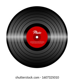 Retro vinyl record with red label. Vinyl isolated on white. Old technology. Realistic retro design. Musical festival, concert