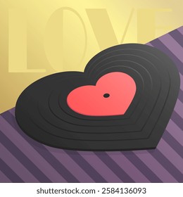 Retro vinyl record in the shape of heart. Golden colored background with word Love. Heart vinyl disc. Vector illustration