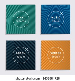Retro vinyl records music album covers set. Halftone lines backgrounds. Colorful creative vinyl music album covers, disc mockups. DJ records disc vector mockups. Banners flyers cards set.