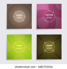 Retro vinyl records music album covers set. Semicircle curve lines patterns. Tech creative vinyl music album covers, disc mockups. DJ records geometric layouts. Techno party posters.