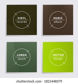 Retro vinyl records music album covers set. Halftone lines backgrounds. Minimalistic creative vinyl music album covers, disc mockups. DJ records disc vector mockups. Banners flyers cards set.