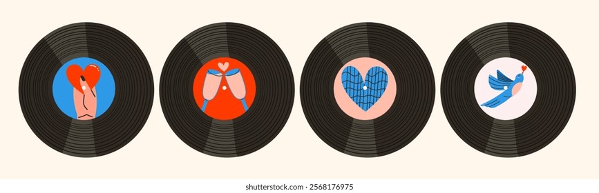 Retro vinyl records with romantic designs. Valentine's Day set