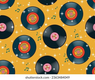 El vinilo retro registra un patrón vectorial sin fisuras. Diseño vintage de los años 70. Repetición musical Diseño para moda, tela, papel de pared, envoltura y todas las impresiones 