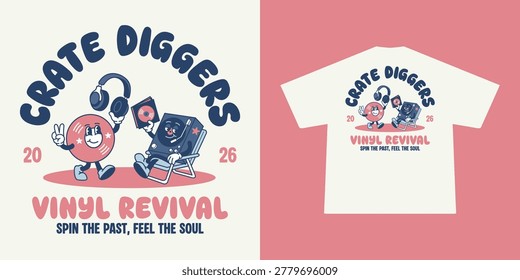 Retro Vinyl Revival Vector Illustration with Cartoon Record and Turntable Characters, 