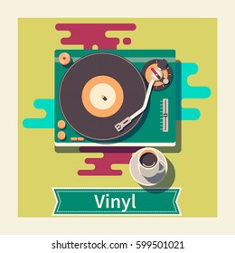 Retro vinyl turntable Cup of coffee on the table Flat vector illustration