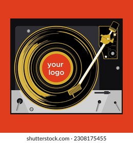 Retro Vinyl Turntable Vector Illustration. Vinyl Record player. Player for vinyl record. Retro design for Tshirt. Front view. Vinyl record disc for album banner, poster, music marketing.