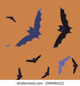 Retro Violet Purple Eyes Simple Art. Colorful Black Attack Print Halloween Art Illustration. Orange Sky Spooky Creepy Chaos Bats Vector Design Pic. Scary Night Gothic Motion Art Flying Bats Fabrics.