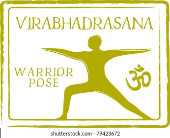 Retro Virabhadrasana Yoga Warrior Pose in Passport Stamp Style Vector Illustration