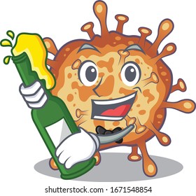 Retro virus corona with bottle of beer mascot cartoon style