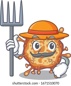 Retro virus corona in Farmer cartoon character with hat and pitchfork