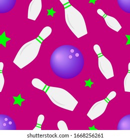 Retro vivid bowling pattern with pins, stars and balls on the pink background. Seamless ornament for wrapping paper, banners, cards, posters, covers, packets. Vector illustration