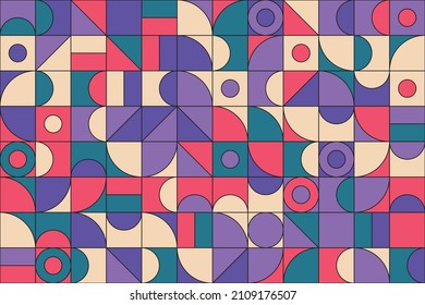 Retro vivid seamless backgrounds with flat geometric composition in an abstract style. Decorative flat vivid shapes textures with geo shapes for web, printing products, flyer, banner.
