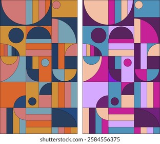 Retro vivid seamless backgrounds with flat geometric composition in an abstract style. Decorative flat vivid shapes textures with geo shapes for web, printing products, flyer, banner.