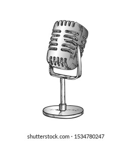 Retro Vocal Radio Microphone Color Vector. Audio Microphone For Online Anchorperson Studio Device Engraving Concept Template Hand Drawn In Vintage Style Illustration