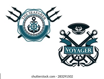 Retro voyager and seafarer nautical badges or emblems with crossed anchors, helm and captain cap, ribbon banner, tridents, lifebuoy, rope and chain