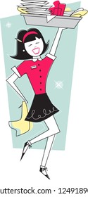 Retro Waitress Bussing Dishes