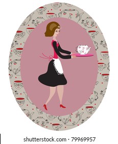 Retro waitress in the frame with pattern