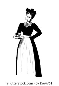 Retro waitress, hand drawn vector illustration