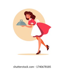 retro waitress holding a plate plate, illustration in cartoon style for your logo, label, emblem