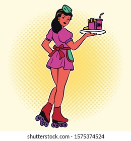 Retro Waitress On Roller Skates. Drive-in Waitress. 50's Diner Waitress