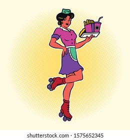 Retro Waitress On Roller Skates. Drive-in Waitress. 50's Diner Waitress