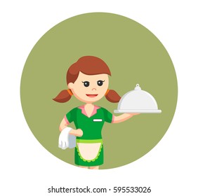 retro waitress with platter in circle background