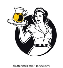 Retro Waitress Serving Lemonade Clipart Illustration. Diner Waitress