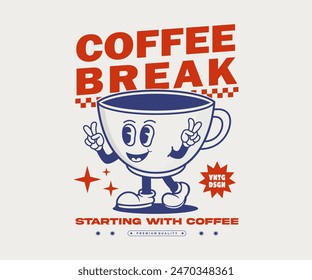 Retro walking coffee cup with Coffee break slogan, character mascot and typographic can be used as t shirt, sticker, poster, print design and other uses. vector illustration