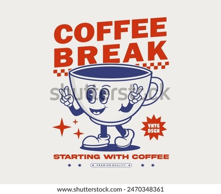 Retro walking coffee cup with Coffee break slogan, character mascot and typographic can be used as t shirt, sticker, poster, print design and other uses. vector illustration