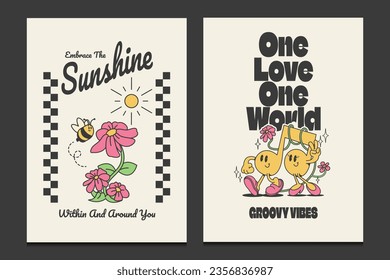 retro wall art, groovy 70s posters with funny cartoon characters, vector illustration