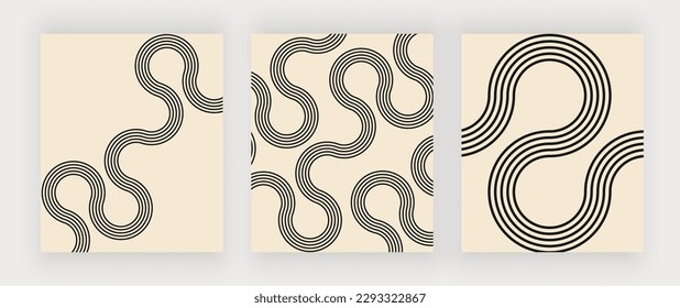 Retro wall art prints with black wavy lines in the beige background