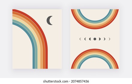 Retro wall art prints with colorful rainbows and sun