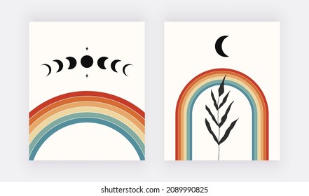 Retro wall art prints with colorful rainbows and moon celestial