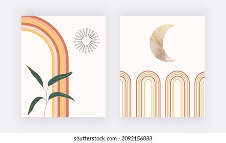 Retro wall art prints with colorful rainbows, moon and sun