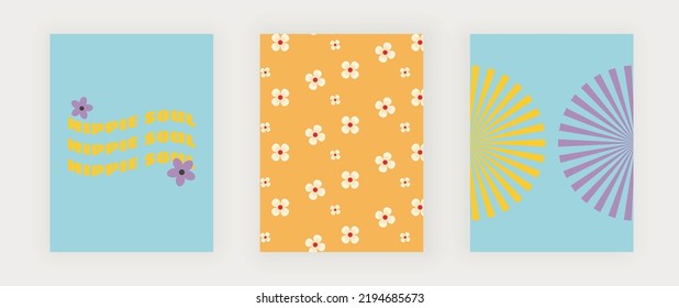 Retro wall art prints with flowers, sun and wavy text
