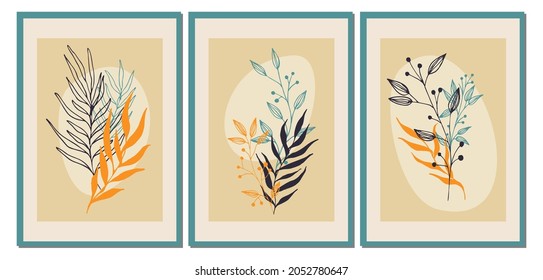 Retro wall art set of 3 printable minimalist print. Abstract geometric leaves. Wall art for bedroom, living room and office decor. Hand draw vector design elements.