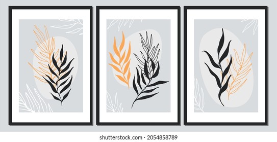 Retro wall art set of 3 printable minimalist print. Abstract geometric leaves. Wall art for bedroom, living room and office decor. Hand draw vector design elements.